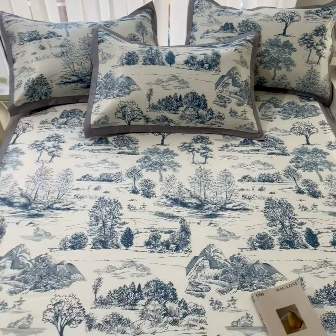 91家纺网 家纺一手货源 找家纺 川悦生活 2025新款600D立体宽边冰丝印花凉席 复古欧庭-蓝