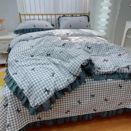 暖居 2025春夏款高温砂洗棉花床盖三件套被套四件套同款纯棉夏被空调被四季 灰格蝴蝶结