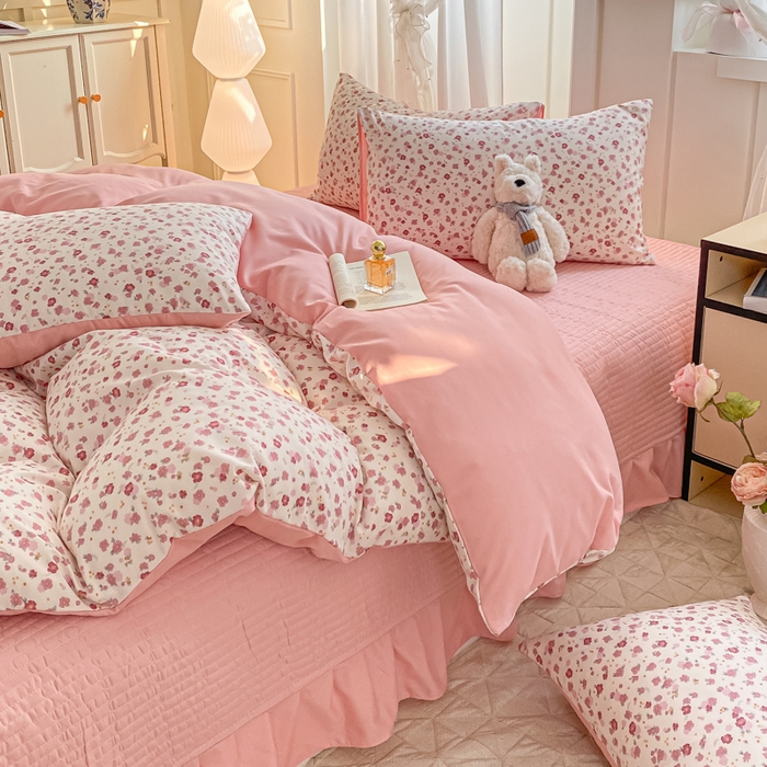 91家纺网 家纺一手货源 找家纺 一比一家纺 2025新款针织双层纱床盖四件套 春日小花