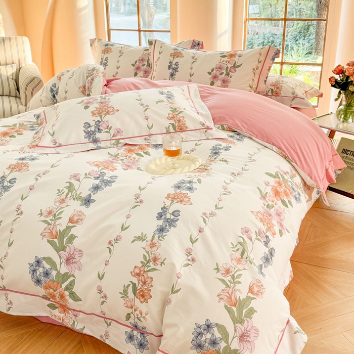 91家纺网 家纺一手货源 找家纺 7V 2025新款轻奢大宽边100%纯棉四件套133*76全棉喷气宽幅长绒棉被套床单床笠套件 眷恋