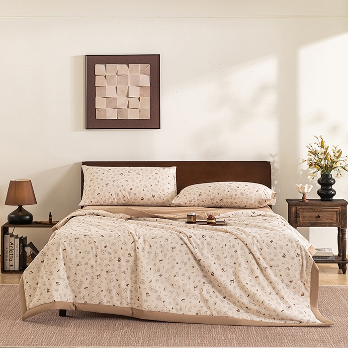 91家纺网 家纺一手货源 找家纺 吾诺 2025 全棉印花单层纱大豆夏被四件套夏凉被空调被子被芯全棉夏被 淡雅