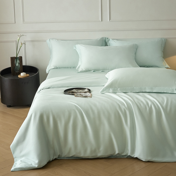 91家纺网 家纺一手货源 找家纺 涵宸2025新款天丝-天丝棉-纯色四件套-场景1 空绿