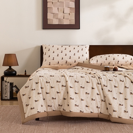 吾诺 2025 全棉印花单层纱大豆夏被四件套夏凉被空调被子被芯全棉夏被 腊肠小狗