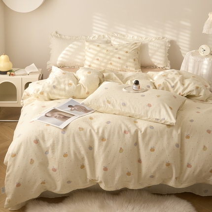 嘉汀兰家居 2025新款圆角花边款全棉纯棉A类母婴级有氧全棉双层纱亲肤全棉小清新印花四件套 南瓜