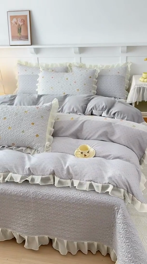 91家纺网 家纺一手货源 找家纺 晨晨家纺 2025新款皱皱纱棉拼色床盖四件套 南瓜派