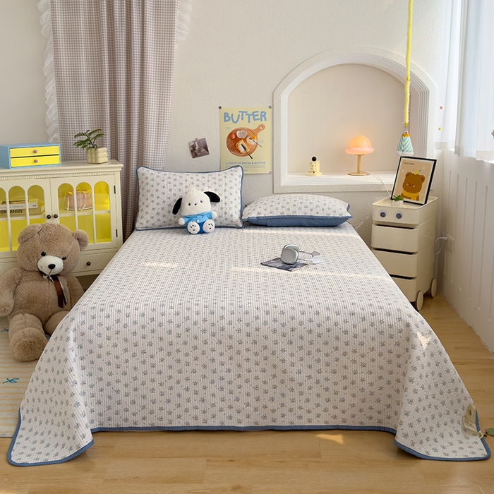 91家纺网 家纺一手货源 找家纺 赫梵茜 2025新款有氧针织双层纱单床盖床盖三件套床盖四件套 沐兰花开