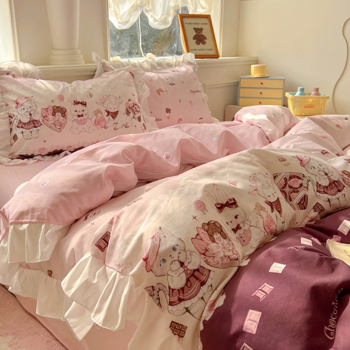 91家纺网 家纺一手货源 找家纺 浩诚 2025新款洛丽塔纯棉花边款四件套 草莓巧克力