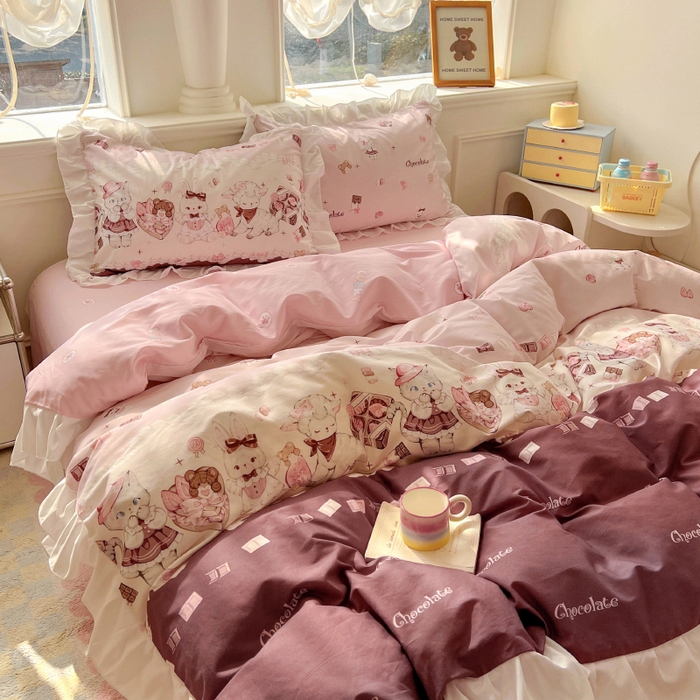 91家纺网 家纺一手货源 找家纺 浩诚 2025新款洛丽塔纯棉花边款四件套 草莓巧克力