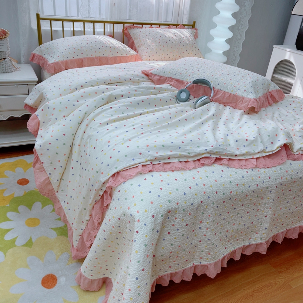 91家纺网 家纺一手货源 找家纺 暖居 2025春夏款高温砂洗棉花床盖三件套被套四件套同款纯棉夏被空调被四季 彩色波点