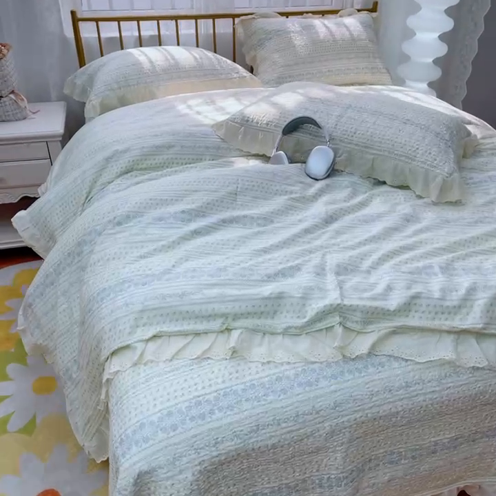 91家纺网 家纺一手货源 找家纺 暖居 2025春夏款高温砂洗棉花床盖三件套被套四件套同款纯棉夏被空调被四季 蓝颜