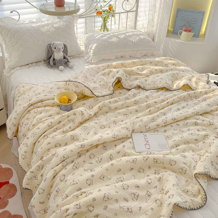 91家纺网 家纺一手货源 找家纺 芯恋 2025新款母婴级全棉皱皱纱儿童被双层纱夏被 欢乐小象