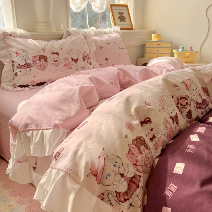 91家纺网 家纺一手货源 找家纺 浩诚 2025新款洛丽塔纯棉花边款四件套 草莓巧克力