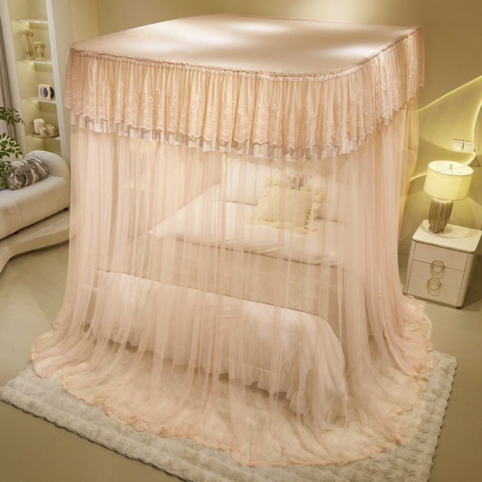 91家纺网 家纺一手货源 找家纺 夏彩 2025新款绣花加柔加密铝合金接口高度可调节轨道蚊帐88620 88620杏色