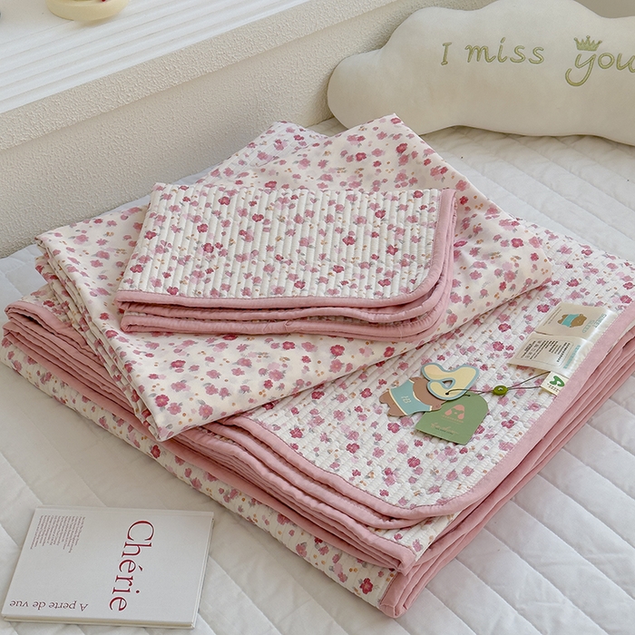 91家纺网 家纺一手货源 找家纺 赫梵茜 2025新款有氧针织双层纱单床盖床盖三件套床盖四件套 花语-粉