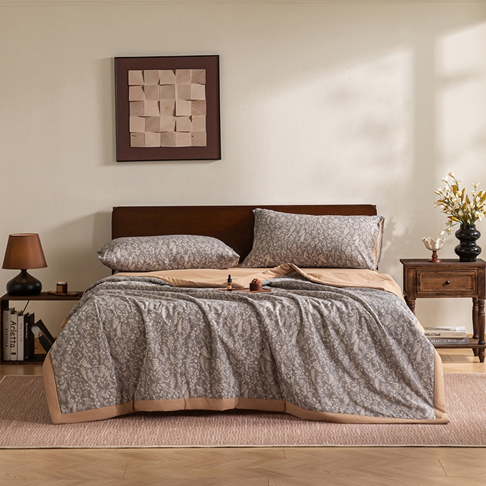 91家纺网 家纺一手货源 找家纺 吾诺 2025 全棉印花单层纱大豆夏被四件套夏凉被空调被子被芯全棉夏被 柔美