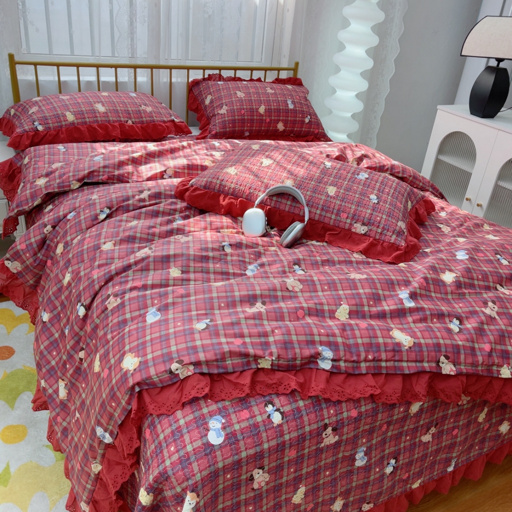 91家纺网 家纺一手货源 找家纺 暖居 2025春夏款高温砂洗棉花床盖三件套被套四件套同款纯棉夏被空调被四季 新年红