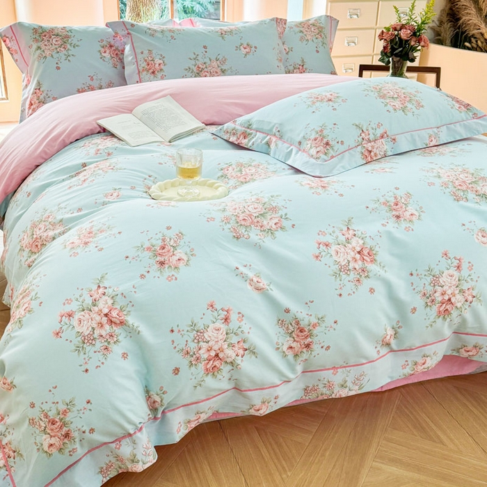 91家纺网 家纺一手货源 找家纺 7V 2025新款轻奢大宽边100%纯棉四件套133*76全棉喷气宽幅长绒棉被套床单床笠套件 花之茵