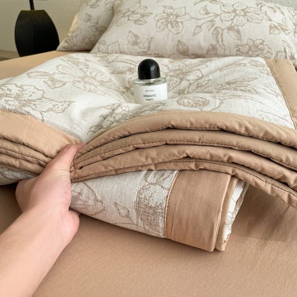 吾诺 2025 全棉色织提花三层纱夏被四件套全棉夏被大豆夏被夏凉被空调被子被芯 芳菲-咖