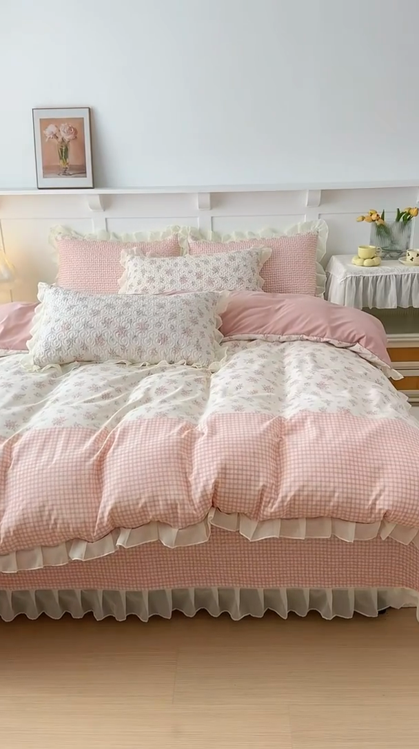 91家纺网 家纺一手货源 找家纺 晨晨家纺 2025新款皱皱纱棉拼色床盖四件套 繁花