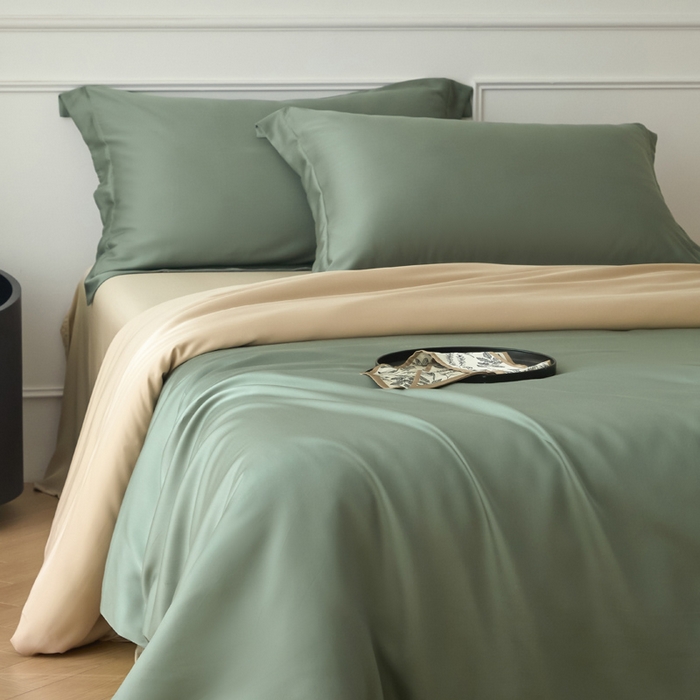 91家纺网 家纺一手货源 找家纺 涵宸2025新款天丝-天丝棉-纯色四件套-场景1 赛琳绿+奶茶杏