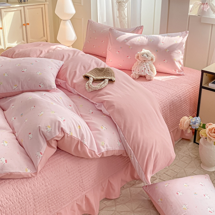 91家纺网 家纺一手货源 找家纺 一比一家纺 2025新款针织双层纱床盖四件套 凯蒂猫