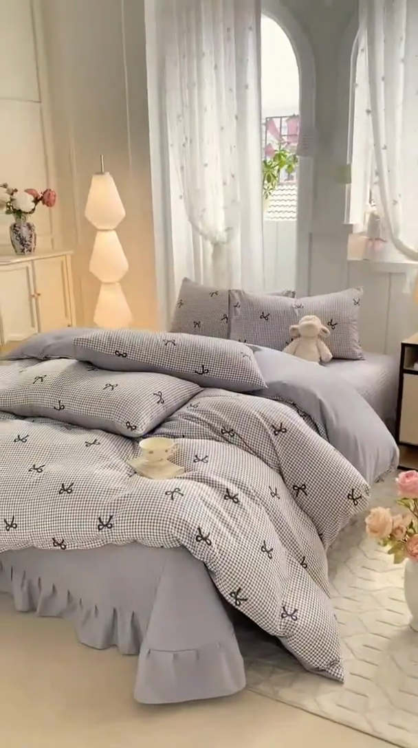 91家纺网 家纺一手货源 找家纺 一比一家纺 2025新款针织双层纱床盖四件套 格韵