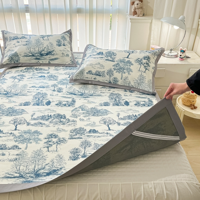 91家纺网 家纺一手货源 找家纺 川悦生活 2025新款600D立体宽边冰丝印花凉席 复古欧庭-蓝