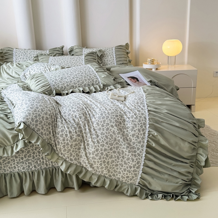 91家纺网 家纺一手货源 找家纺 晨晨 2025春夏新款针织双层纱韩版床盖四件套 茉莉青提