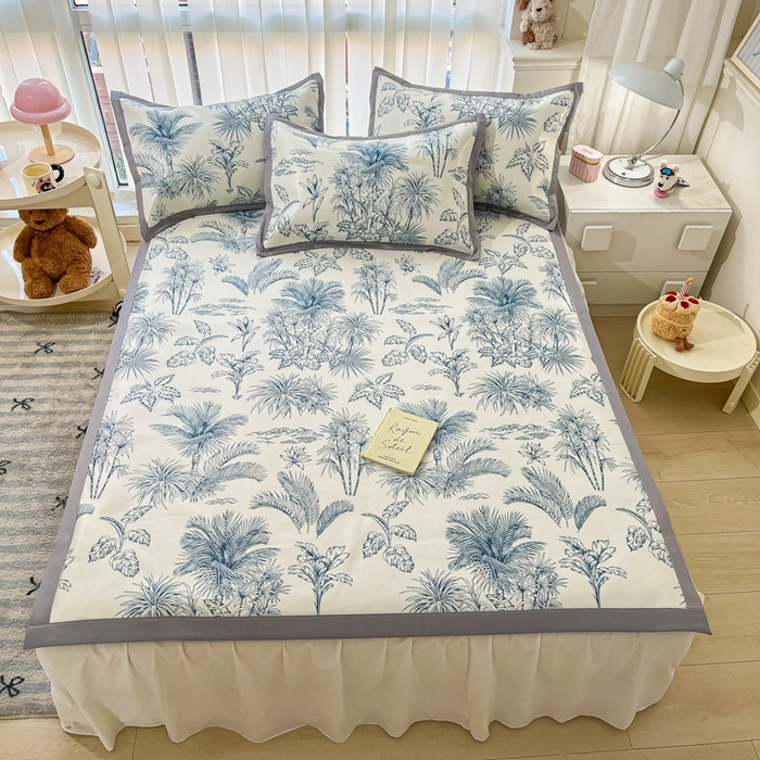 91家纺网 家纺一手货源 找家纺 川悦生活 2025新款600D立体宽边冰丝印花凉席 森林丛野-蓝