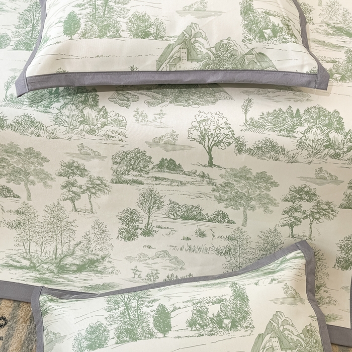 91家纺网 家纺一手货源 找家纺 川悦生活 2025新款600D立体宽边冰丝印花凉席 复古欧庭-绿