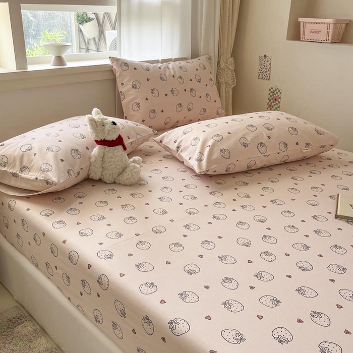 91家纺网 家纺一手货源 找家纺 新印象2025新款直角纯棉老粗布套件 床笠款 老粗布-草莓粉