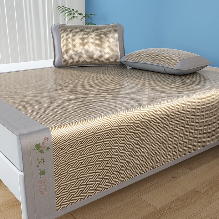 91家纺网 家纺一手货源 找家纺 青雅席业 2025新款凉感艾草冰藤席凉席 饼干花-咖色