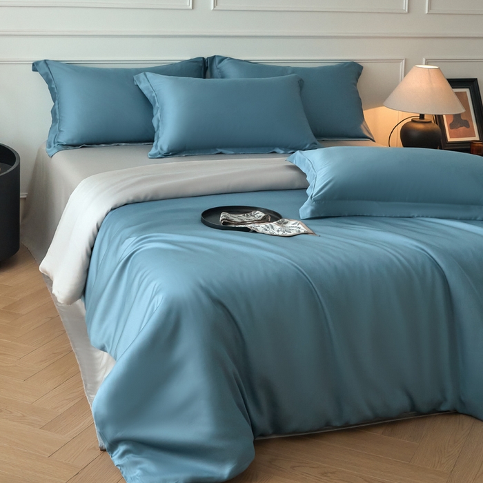 91家纺网 家纺一手货源 找家纺 涵宸2025新款天丝-天丝棉-纯色四件套-场景1 星耀兰+时尚灰