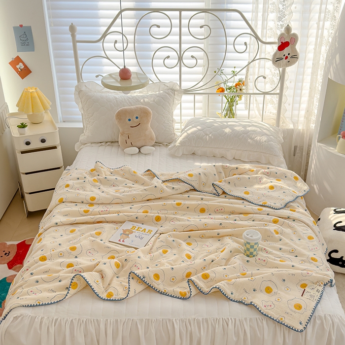 91家纺网 家纺一手货源 找家纺 芯恋 2025新款母婴级全棉皱皱纱儿童被双层纱夏被 荷包蛋