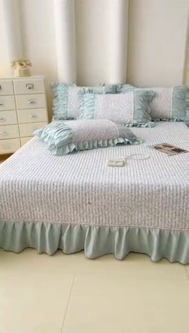 91家纺网 家纺一手货源 找家纺 晨晨 2025春夏新款针织双层纱韩版床盖四件套 茉莉青提