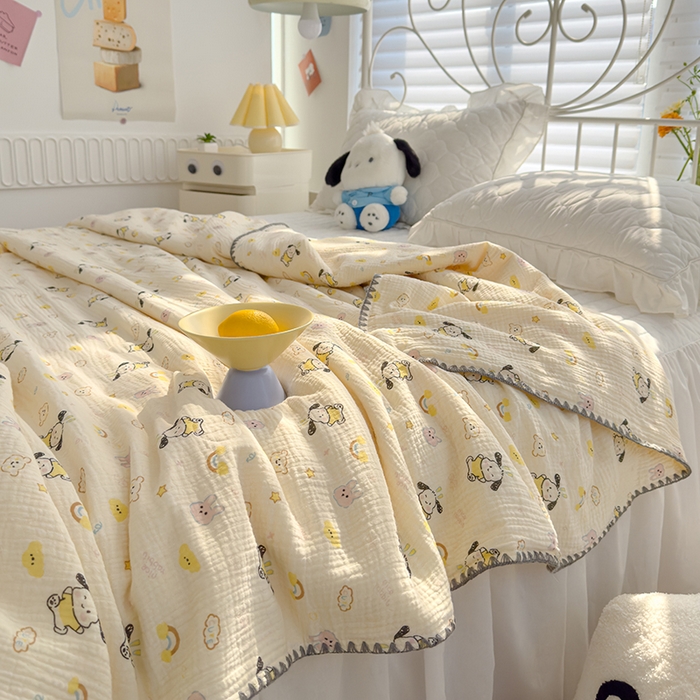 91家纺网 家纺一手货源 找家纺 芯恋 2025新款母婴级全棉皱皱纱儿童被双层纱夏被 霓虹小狗