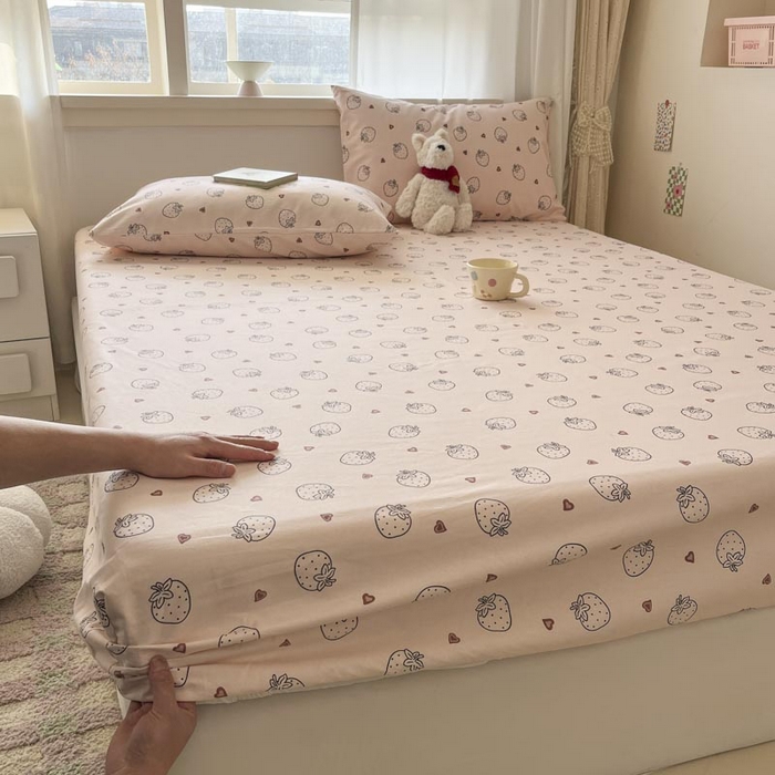 91家纺网 家纺一手货源 找家纺 新印象2025新款直角纯棉老粗布套件 床笠款 老粗布-草莓粉