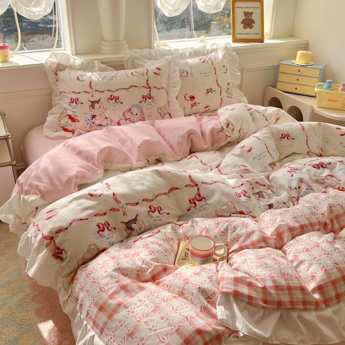 91家纺网 家纺一手货源 找家纺 浩诚 2025新款洛丽塔纯棉花边款四件套 苹果派