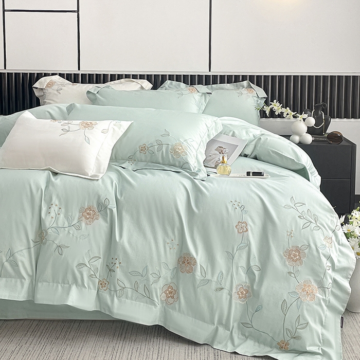 91家纺网 家纺一手货源 找家纺 2025新款春夏新款A类长绒棉全工艺刺绣四件套纯棉全棉轻奢风直播高端床上用品 蔓艺-茶绿