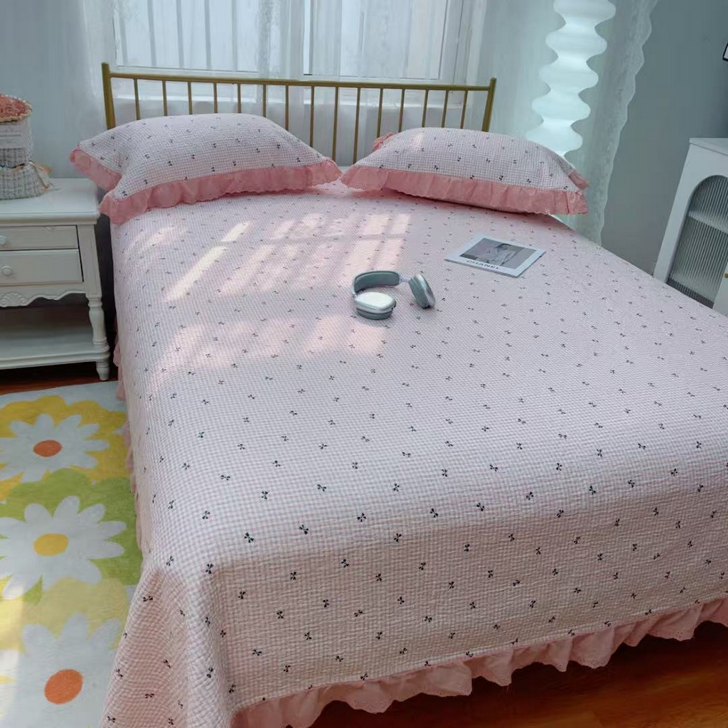 91家纺网 家纺一手货源 找家纺 暖居 2025春夏款高温砂洗棉花床盖三件套被套四件套同款纯棉夏被空调被四季 点点蝴蝶结