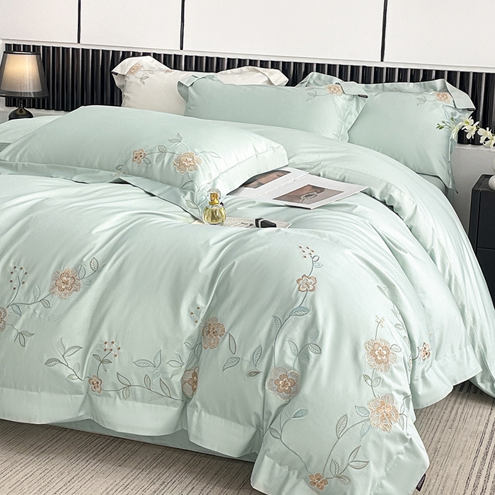 91家纺网 家纺一手货源 找家纺 2025新款春夏新款A类长绒棉全工艺刺绣四件套纯棉全棉轻奢风直播高端床上用品 蔓艺-茶绿