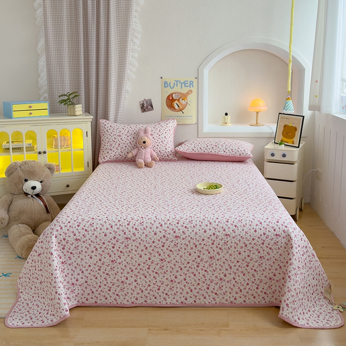 91家纺网 家纺一手货源 找家纺 赫梵茜 2025新款有氧针织双层纱单床盖床盖三件套床盖四件套 花语-粉