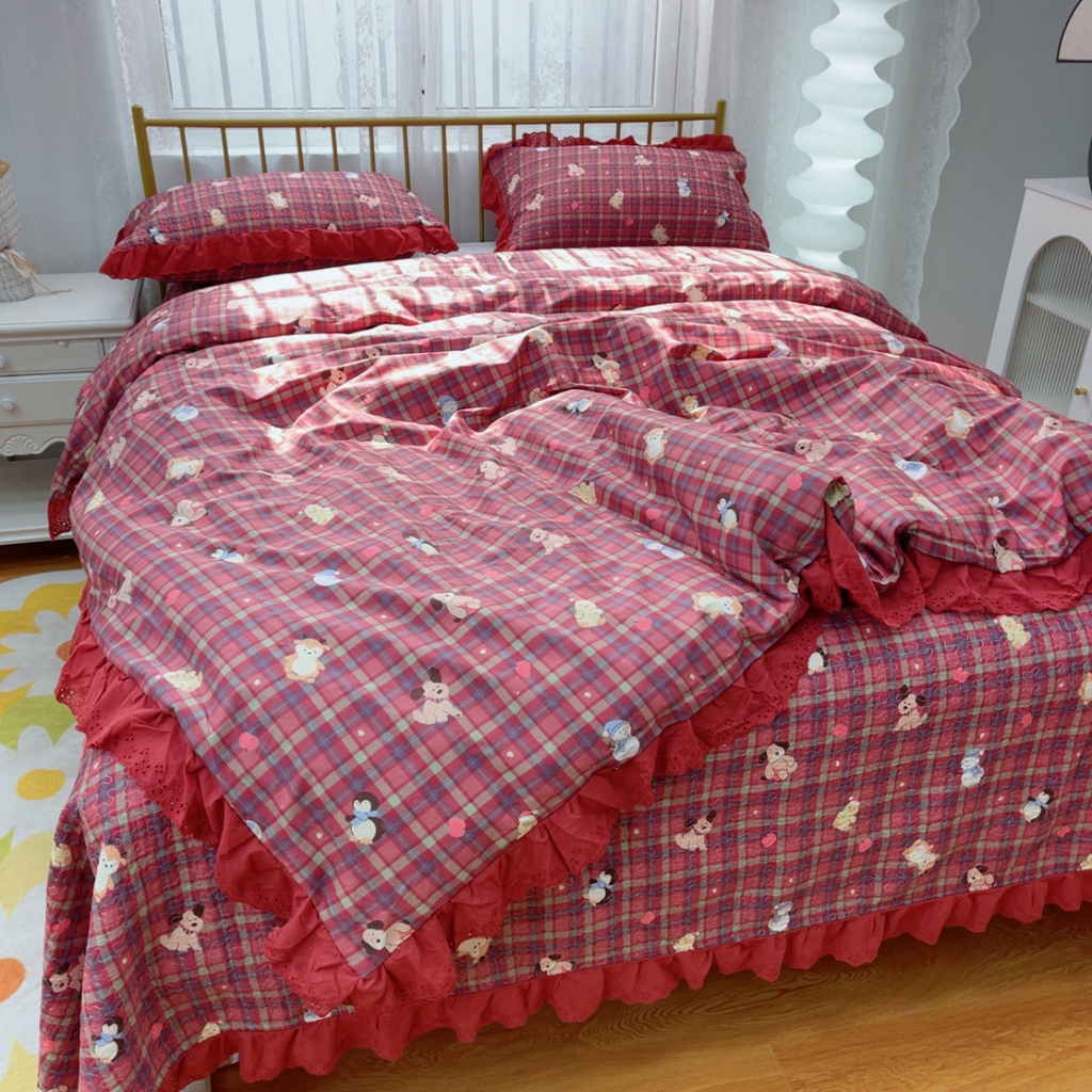 91家纺网 家纺一手货源 找家纺 暖居 2025春夏款高温砂洗棉花床盖三件套被套四件套同款纯棉夏被空调被四季 新年红