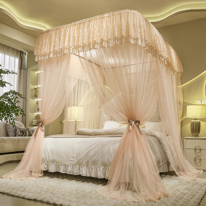 91家纺网 家纺一手货源 找家纺 夏彩 2025新款绣花加柔加密铝合金接口高度可调节轨道蚊帐88620 88620杏色