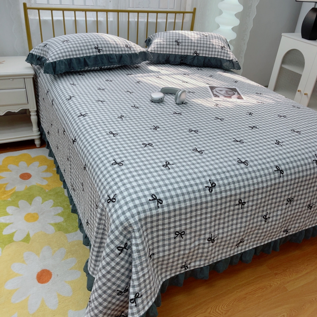 91家纺网 家纺一手货源 找家纺 暖居 2025春夏款高温砂洗棉花床盖三件套被套四件套同款纯棉夏被空调被四季 灰格蝴蝶结