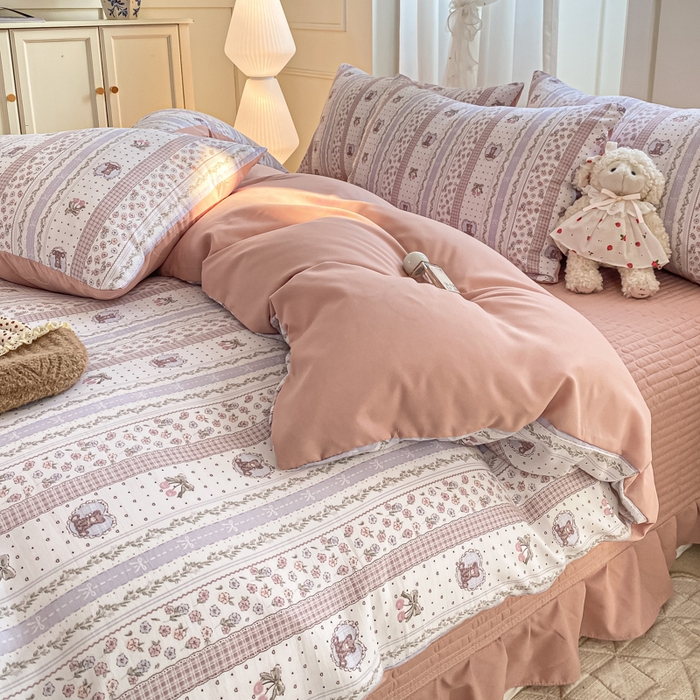 91家纺网 家纺一手货源 找家纺 一比一家纺 2025新款针织双层纱床盖四件套 格林童话