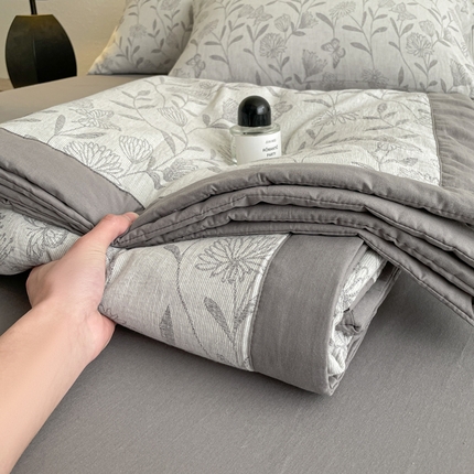 吾诺 2025 全棉色织提花三层纱夏被四件套全棉夏被大豆夏被夏凉被空调被子被芯 梦幻花园-灰
