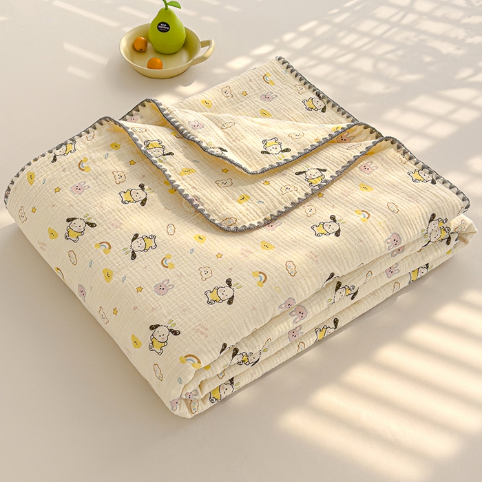 91家纺网 家纺一手货源 找家纺 芯恋 2025新款母婴级全棉皱皱纱儿童被双层纱夏被 霓虹小狗