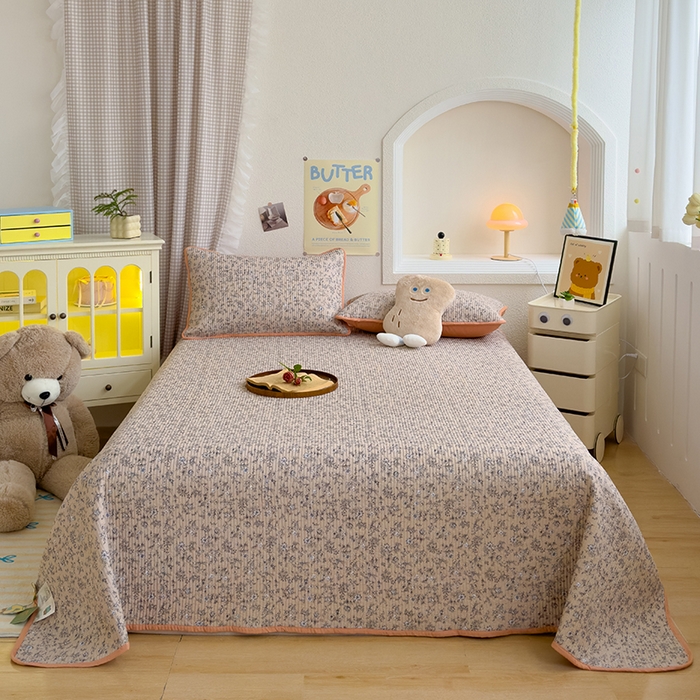 91家纺网 家纺一手货源 找家纺 赫梵茜 2025新款有氧针织双层纱单床盖床盖三件套床盖四件套 美式