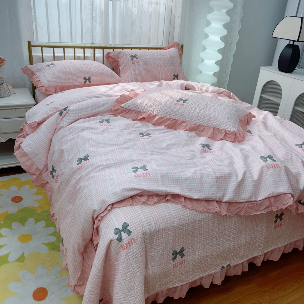 91家纺网 家纺一手货源 找家纺 暖居 2025春夏款高温砂洗棉花床盖三件套被套四件套同款纯棉夏被空调被四季 蝴蝶结粉色